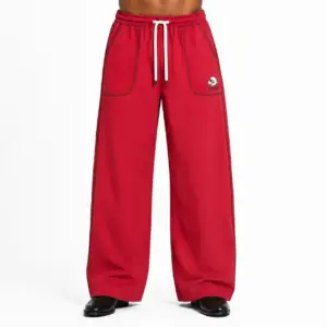 Crimson Contrast-Stitch Wide-Leg Joggers