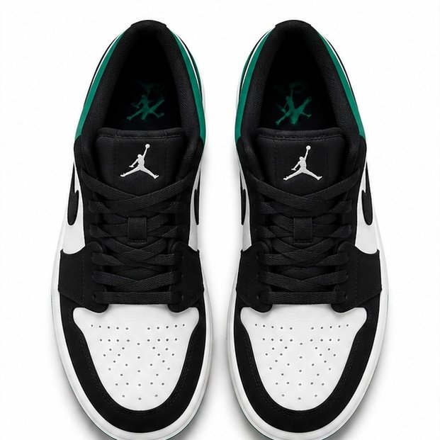 Top view of green, black and white Jordan 1 Low sneakers