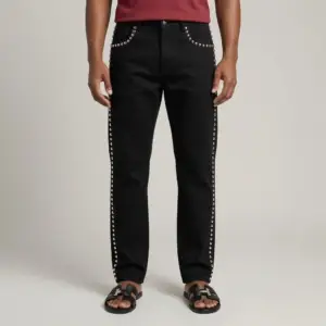 Men’s Black Studded Straight-Leg Jeans
