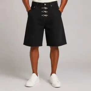 Metallic Buckle-Fly Black Denim Shorts