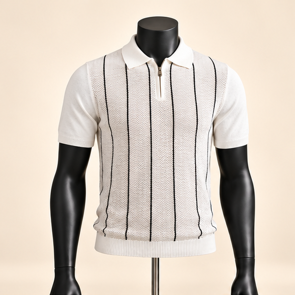 Men's White Pinstripe Knit Polo Shirt - Image 2