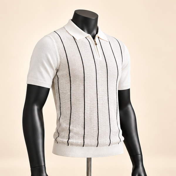 Men's White Pinstripe Knit Polo Shirt - Image 3