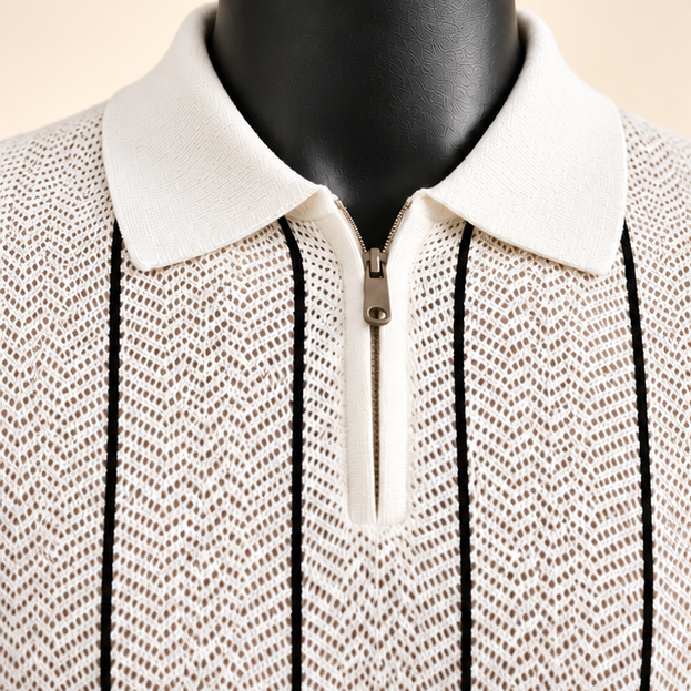 Men's White Pinstripe Knit Polo Shirt - Image 4