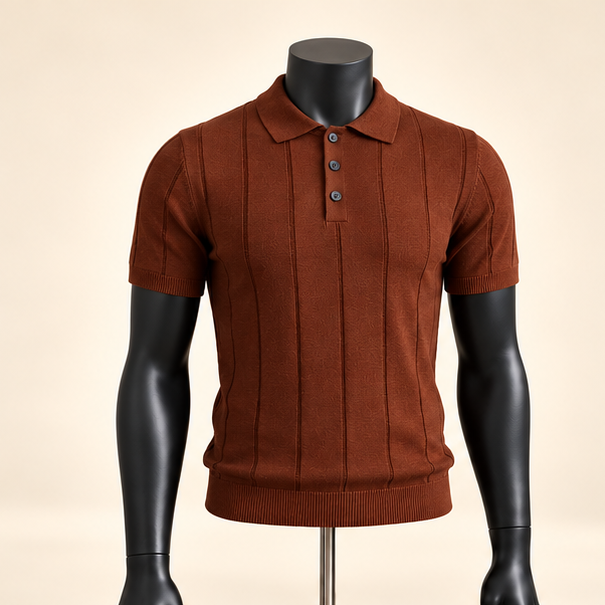 Men's Rust Brown Ribbed Knit Polo Shirt - Image 2
