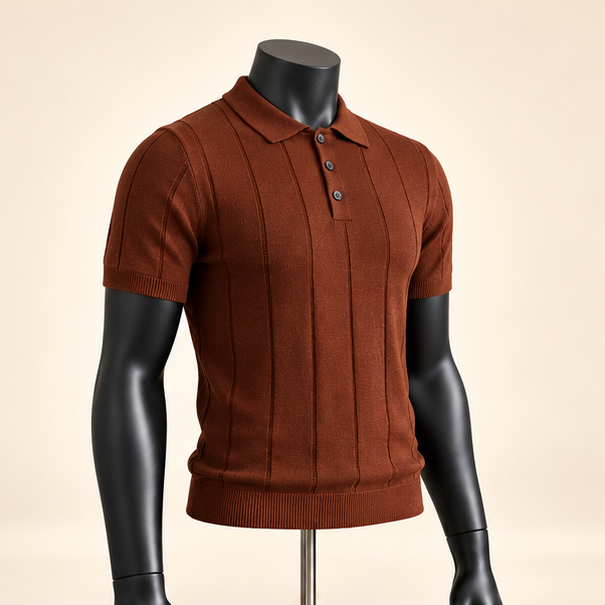 Men's Rust Brown Ribbed Knit Polo Shirt - Image 3