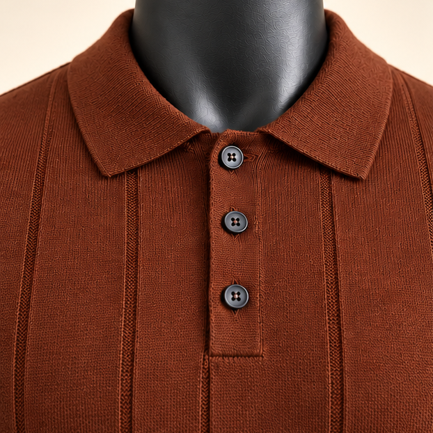 Men's Rust Brown Ribbed Knit Polo Shirt - Image 4