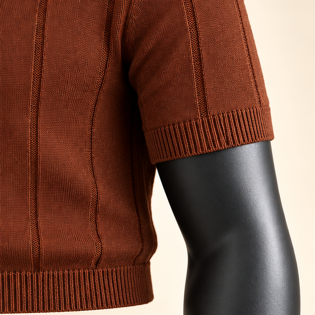 Men's Rust Brown Ribbed Knit Polo Shirt - Image 5