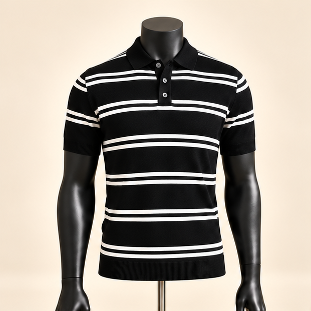 Men's Black & White Striped Knit Polo Shirt - Image 2