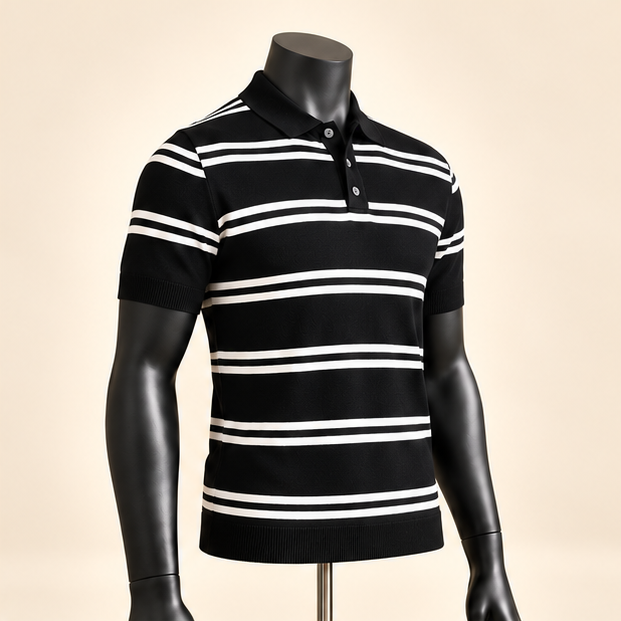 Men's Black & White Striped Knit Polo Shirt - Image 3