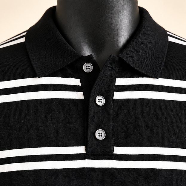 Men's Black & White Striped Knit Polo Shirt - Image 4