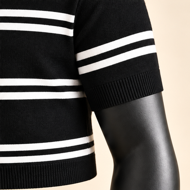 Men's Black & White Striped Knit Polo Shirt - Image 5